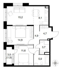 Планировка трехкомнатной(квартира) площадью 69.6 квадратных метров в ЖК “ЖК 1-й Саларьевский (Первый Саларьевский)”