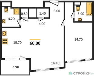 Планировка однокомнатной(квартира) площадью 60 квадратных метров в ЖК “ЖК ROTTERDAM (Роттердам)”