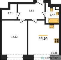 Планировка однокомнатной(квартира) площадью 44.64 квадратных метров в “ЖК Sezar City (Сезар Сити)”
