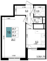 Планировка однокомнатной(квартира) площадью 39.4 квадратных метров в “ЖК Одинцово Сити”