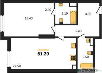 Планировка однокомнатной(квартира) площадью 61.2 квадратных метров в ЖК “ЖК Крылатская 33”