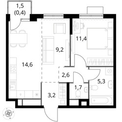 Планировка двухкомнатной(квартира) площадью 48.4 квадратных метров в ЖК “ЖК 1-й Химкинский (Первый Химкинский)”