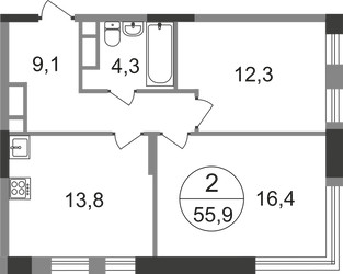Планировка двухкомнатной(квартира) площадью 55.9 квадратных метров в “ЖК Переделкино Ближнее”