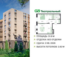 Планировка двухкомнатной(квартира) площадью 51.9 квадратных метров в “ЖК G3 Театральный”