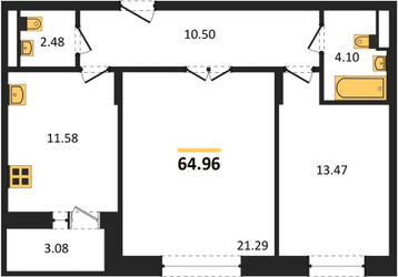 Планировка двухкомнатной(квартира) площадью 64.96 квадратных метров в ЖК “ЖК Преображенская Площадь”