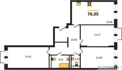 Планировка трехкомнатной(квартира) площадью 76.05 квадратных метров в ЖК “ЖК Квартал Строгино”