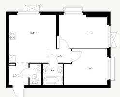 Планировка двухкомнатной(квартира) площадью 46.52 квадратных метров в “ЖК Первый Дубровский”