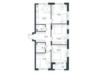 Планировка 4+ комнатной(квартира) площадью 87.5 квадратных метров в ЖК “ЖК Level Лесной”