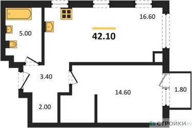Планировка однокомнатной(квартира) площадью 42.1 квадратных метров в ЖК “ЖК Соколинн Парк”