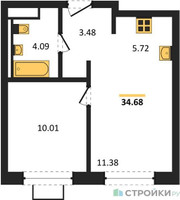 Планировка однокомнатной(квартира) площадью 34.68 квадратных метров в “ЖК Квартал Западный”