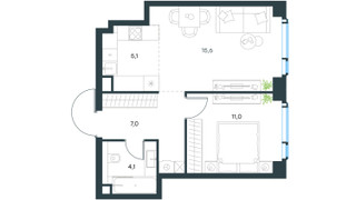 Планировка двухкомнатной(квартира) площадью 42.8 квадратных метров в “ЖК Левел Мичуринский”