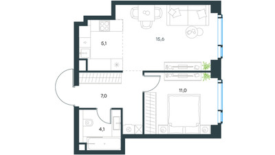 Планировка двухкомнатной(квартира) площадью 42.8 квадратных метров в ЖК “ЖК Левел Мичуринский”