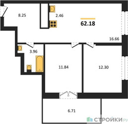 Планировка двухкомнатной(квартира) площадью 62.18 квадратных метров в ЖК “ЖК EvoPark Сокольники”