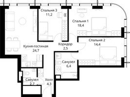 Планировка трехкомнатной(квартира) площадью 84.6 квадратных метров в “ЖК Сити Бэй”