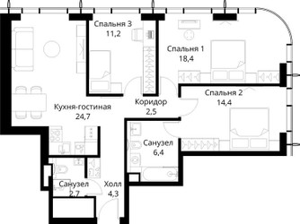 Планировка трехкомнатной(квартира) площадью 84.6 квадратных метров в ЖК “ЖК Сити Бэй”