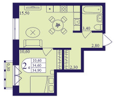 Планировка двухкомнатной(квартира) площадью 34.9 квадратных метров в “ЖК Героев”