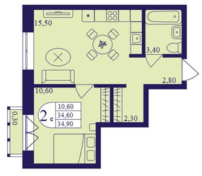 Планировка двухкомнатной(квартира) площадью 34.9 квадратных метров в ЖК “ЖК Героев”