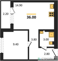 Планировка однокомнатной(квартира) площадью 36 квадратных метров в “ЖК Первый квартал”