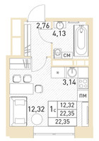 Планировка студии(квартира) площадью 22 квадратных метров в “ЖК Столичный”