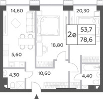 Планировка двухкомнатной(квартира) площадью 78.6 квадратных метров в “ЖК Will Towers (Вилл Тауэрс)”