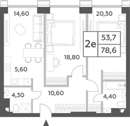 Планировка двухкомнатной(квартира) площадью 78.6 квадратных метров в ЖК “ЖК Will Towers (Вилл Тауэрс)”