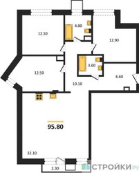 Планировка трехкомнатной(квартира) площадью 95.8 квадратных метров в ЖК “Отрада на реке”