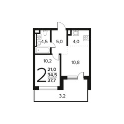 Планировка двухкомнатной(квартира) площадью 37.7 квадратных метров в ЖК “Новые Ватутинки. Заречный”