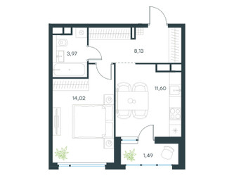 Планировка однокомнатной(квартира) площадью 39.5 квадратных метров в ЖК “ЖК Левел Лесной”