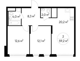 Планировка двухкомнатной(квартира) площадью 59.2 квадратных метров в “ЖК Переделкино Ближнее”