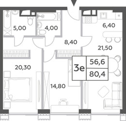 Планировка трехкомнатной(квартира) площадью 80.4 квадратных метров в ЖК “ЖК Will Towers (Вилл Тауэрс)”