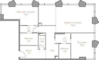 Планировка двухкомнатной(квартира) площадью 93 квадратных метров в “ЖК Коллекция Лужники”