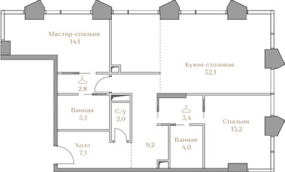 Планировка двухкомнатной(квартира) площадью 93 квадратных метров в ЖК “ЖК Коллекция Лужники”