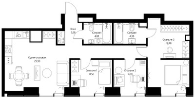 Планировка трехкомнатной(квартира) площадью 83.3 квадратных метров в ЖК “ЖК Veer (Веер)”