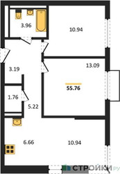 Планировка двухкомнатной(квартира) площадью 55.76 квадратных метров в ЖК “ЖК Пригород Лесное”