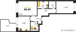 Планировка двухкомнатной(квартира) площадью 68.4 квадратных метров в “ЖК Архитектурный проект RAKURS (Ракурс)”