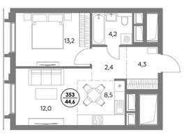 Планировка однокомнатной(квартира) площадью 44.6 квадратных метров в “ЖК Дом 56”
