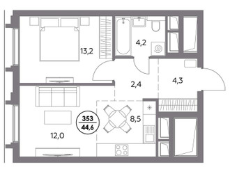 Планировка однокомнатной(квартира) площадью 44.6 квадратных метров в ЖК “ЖК Дом 56”