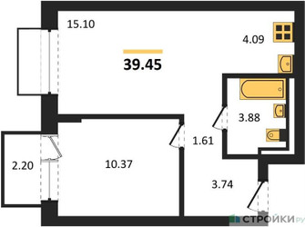 Планировка однокомнатной(квартира) площадью 39.45 квадратных метров в ЖК “ЖК Рублевский Квартал”