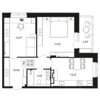 Планировка двухкомнатной(квартира) площадью 62.95 квадратных метров в “ЖК Времена года”