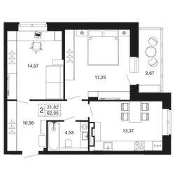 Планировка двухкомнатной(квартира) площадью 62.95 квадратных метров в ЖК “ЖК Времена года”