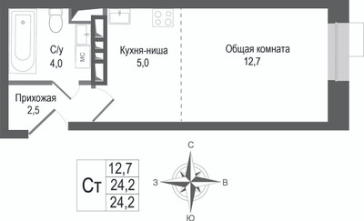 Планировка студии(квартира) площадью 24.2 квадратных метров в “ЖК КИНОКВАРТАЛ”