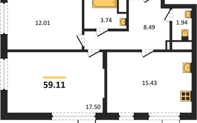 Планировка двухкомнатной(квартира) площадью 59.11 квадратных метров в ЖК “ЖК Новотомилино”