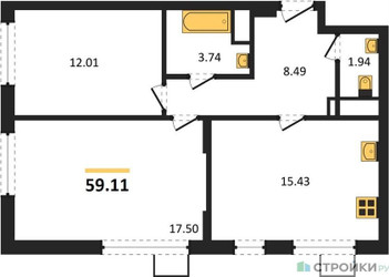 Планировка двухкомнатной(квартира) площадью 59.11 квадратных метров в ЖК “ЖК Новотомилино”