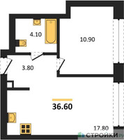 Планировка однокомнатной(квартира) площадью 36.6 квадратных метров в “ЖК Архитектурный проект RAKURS (Ракурс)”