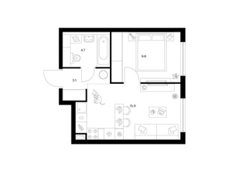 Планировка однокомнатной(квартира) площадью 33.5 квадратных метров в ЖК “ЖК Кронштадтский 9”