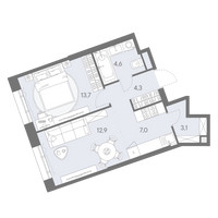 Планировка двухкомнатной(квартира) площадью 45.6 квадратных метров в “ЖК Родина Переделкино”