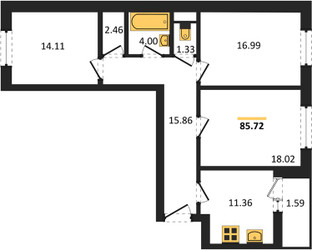 Планировка трехкомнатной(квартира) площадью 85.72 квадратных метров в ЖК “ЖК Эдельвейс (Первомайское)”