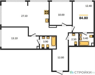 Планировка трехкомнатной(квартира) площадью 85.12 квадратных метров в ЖК “ЖК Kazakov Grand Loft”