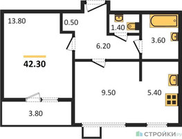 Планировка однокомнатной(квартира) площадью 42.3 квадратных метров в “ЖК Первый Лермонтовский”