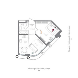 Планировка однокомнатной(квартира) площадью 51.76 квадратных метров в ЖК “ЖК Преображенская Площадь”
